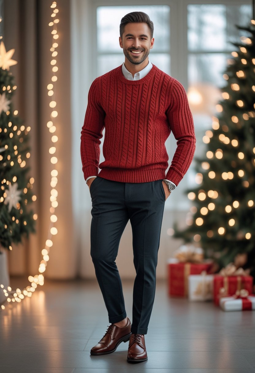 A man wearing a red knit sweater and dark trousers stands indoors with holiday decorations softly blurred behind him.
