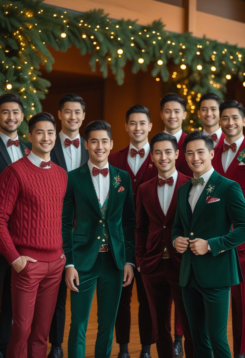 A group of men wearing festive Christmas suits and formal attire, standing together in a warmly decorated indoor setting.