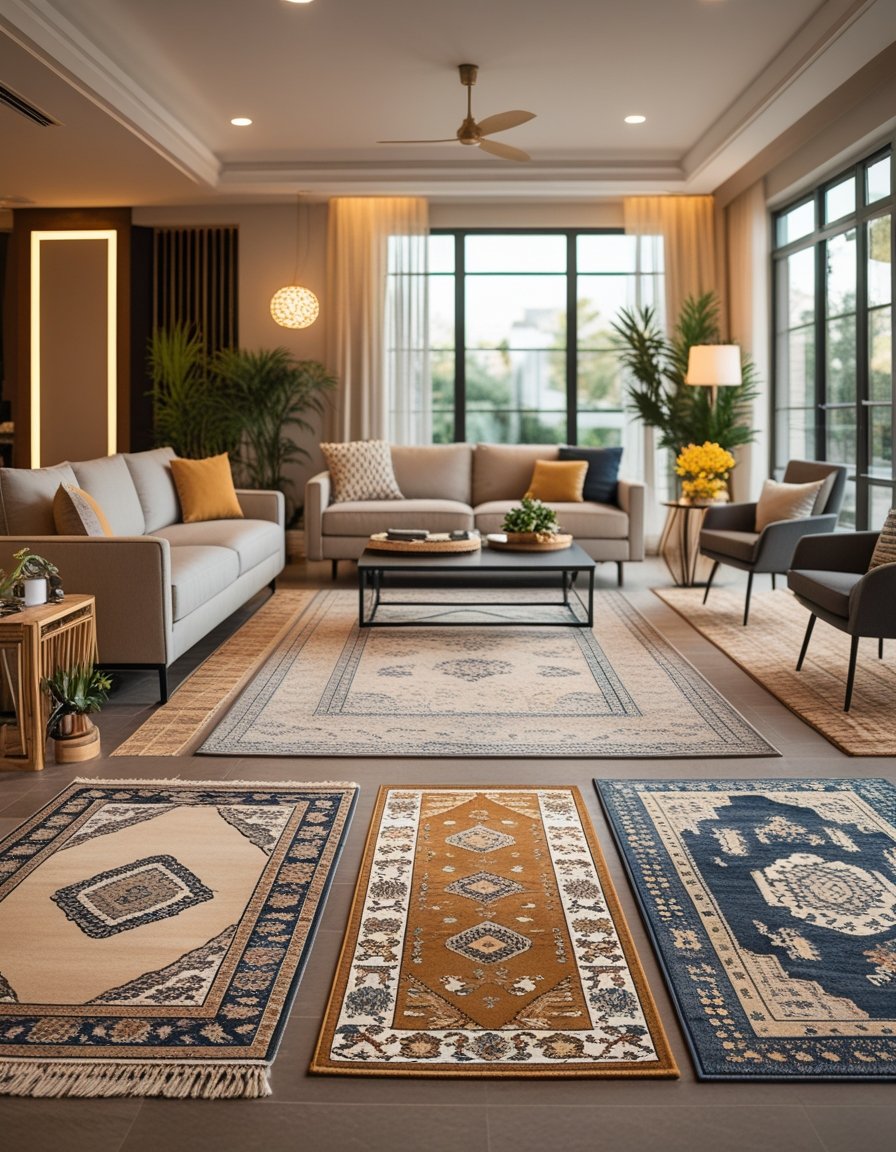 A living room with several rugs displayed under furniture including a sofa and coffee table, with natural light coming through large windows.