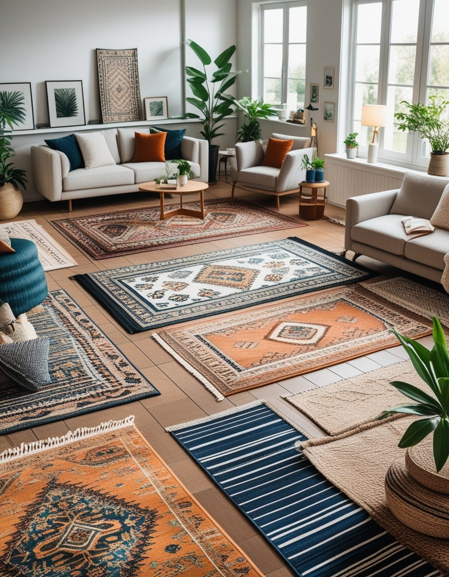 A living room with several rugs and carpets displayed on the floor, surrounded by sofas, tables, and plants.