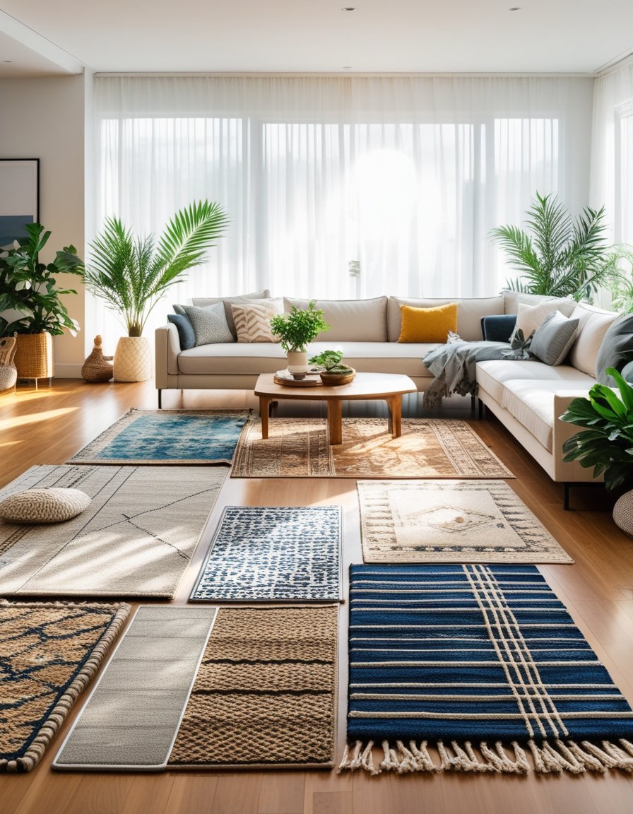 A living room with a sofa, coffee table, and several rugs layered on the floor, illuminated by natural light from large windows.