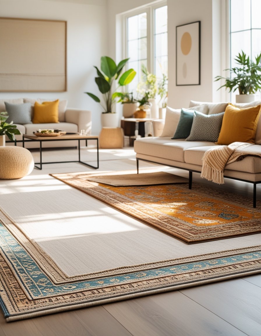 A living room with layered rugs placed under a sofa and coffee table, featuring natural light and tasteful furniture.