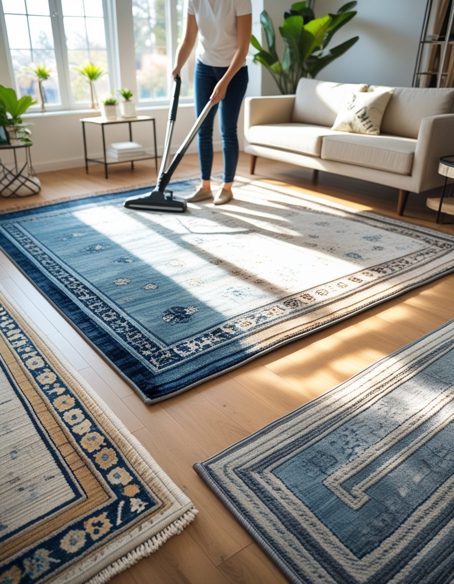 A person vacuuming a clean living room rug in a bright living room with a sofa and coffee table.