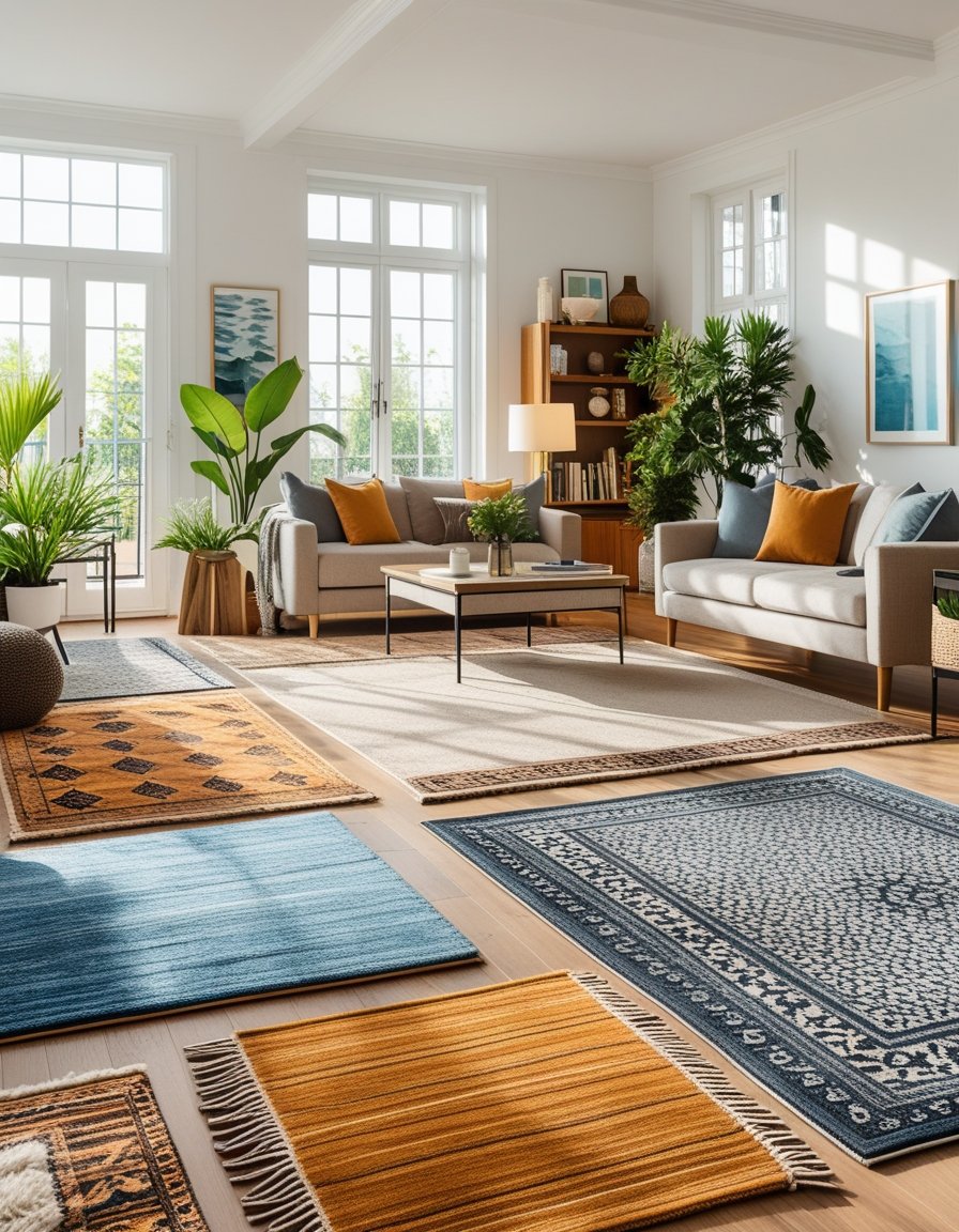 A living room with sofas, coffee table, plants, and multiple rugs displayed on the floor.