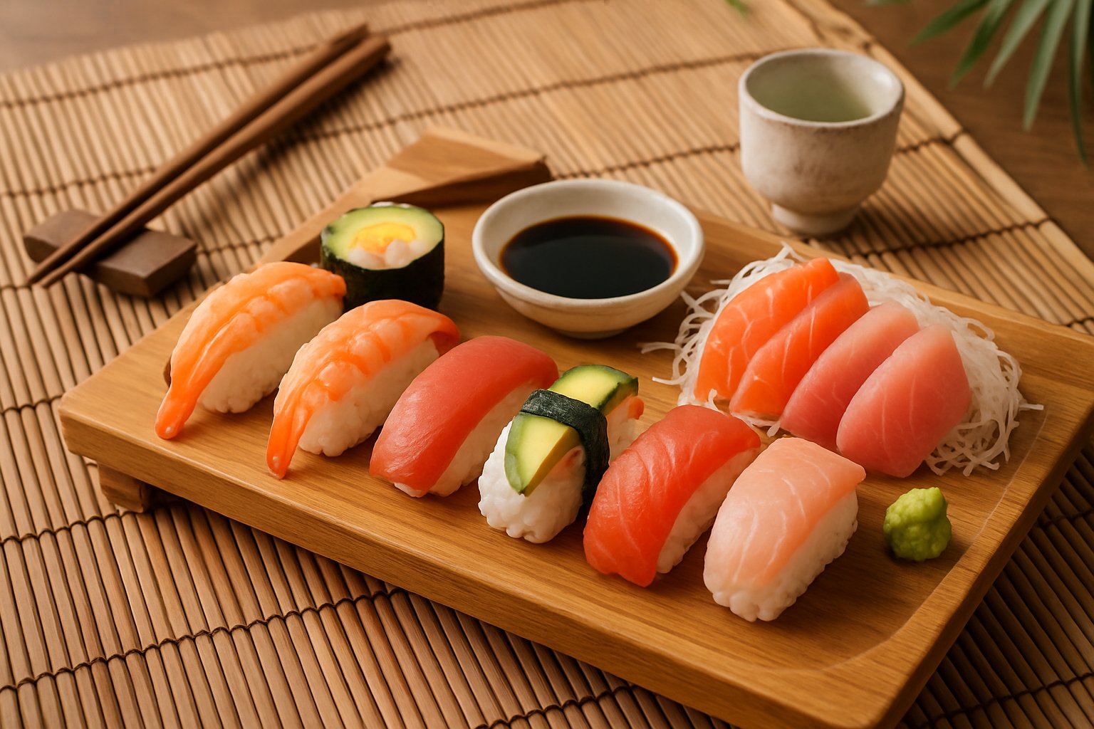 A wooden platter with pieces of sushi on one side and sliced sashimi on the other, accompanied by soy sauce, wasabi, chopsticks, and Japanese tableware.