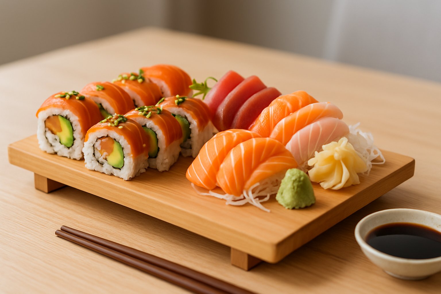 A wooden platter displaying sushi rolls with various fillings on one side and slices of sashimi on the other, accompanied by wasabi, pickled ginger, chopsticks, and a soy sauce dish on a wooden table.