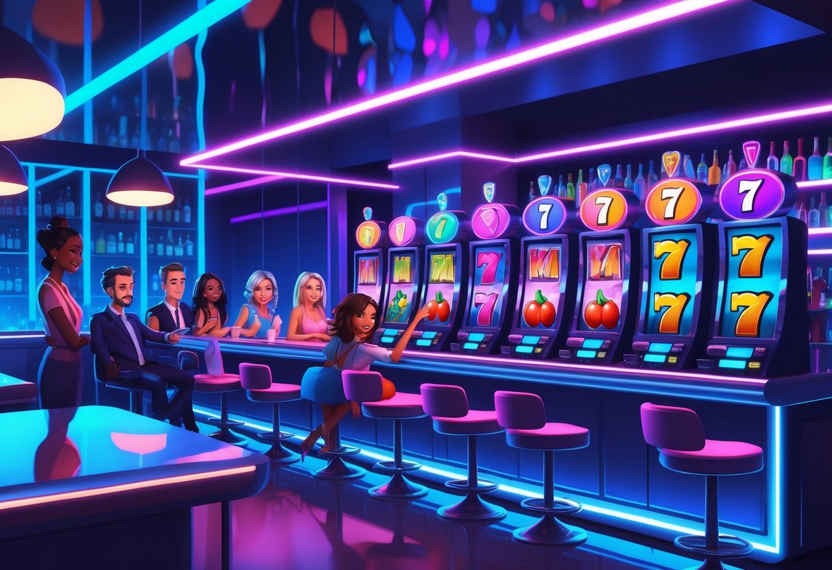 Suasana bar malam yang ramai dengan mesin slot menyala dan orang-orang yang sedang bermain dengan ekspresi senang.