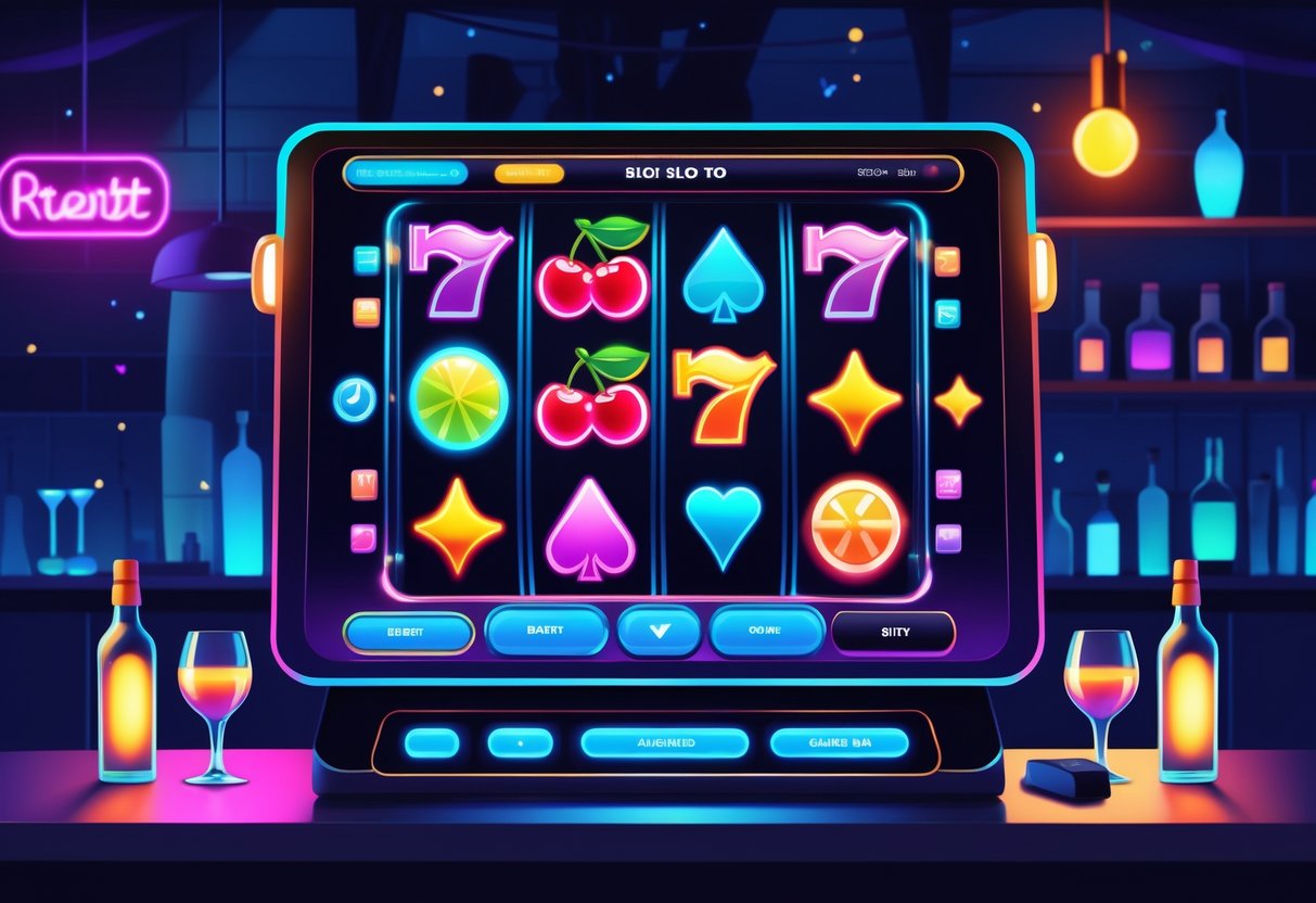 Ilustrasi mesin slot online dengan tema bar malam yang menampilkan gulungan berwarna cerah dan latar belakang bar dengan lampu neon dan botol minuman.