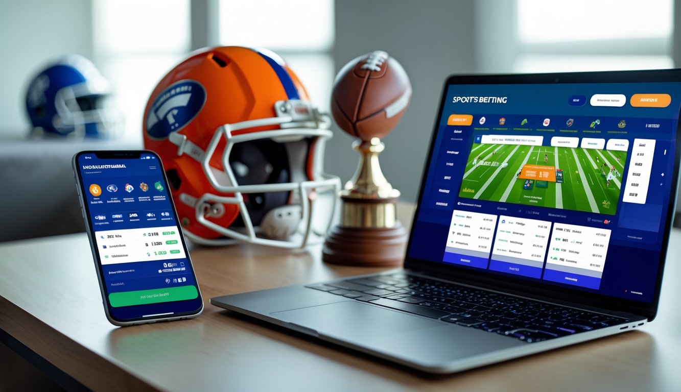Seorang pria duduk di depan laptop dan ponsel yang menampilkan aplikasi taruhan olahraga online dengan latar belakang perlengkapan olahraga.