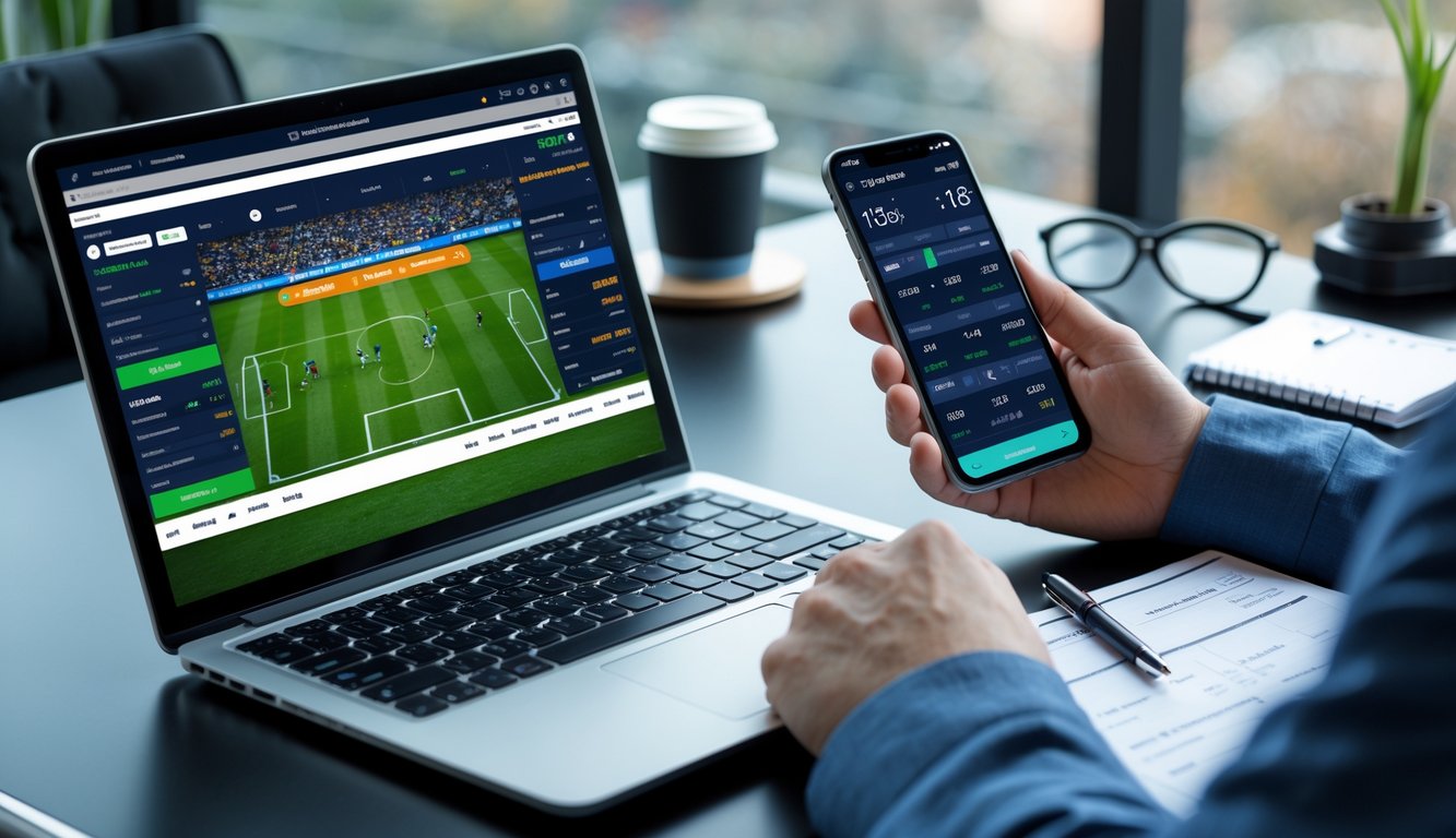 Seseorang sedang menggunakan laptop dan ponsel untuk memasang taruhan pada pertandingan sepak bola di ruang kerja modern.
