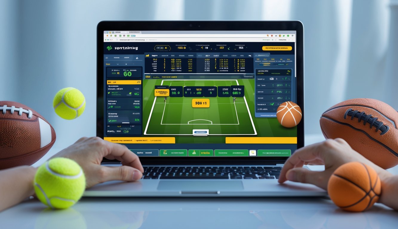 Seseorang menggunakan laptop dengan tampilan situs taruhan olahraga online, di sekitar laptop terdapat bola sepak, bola basket, dan bola tenis.