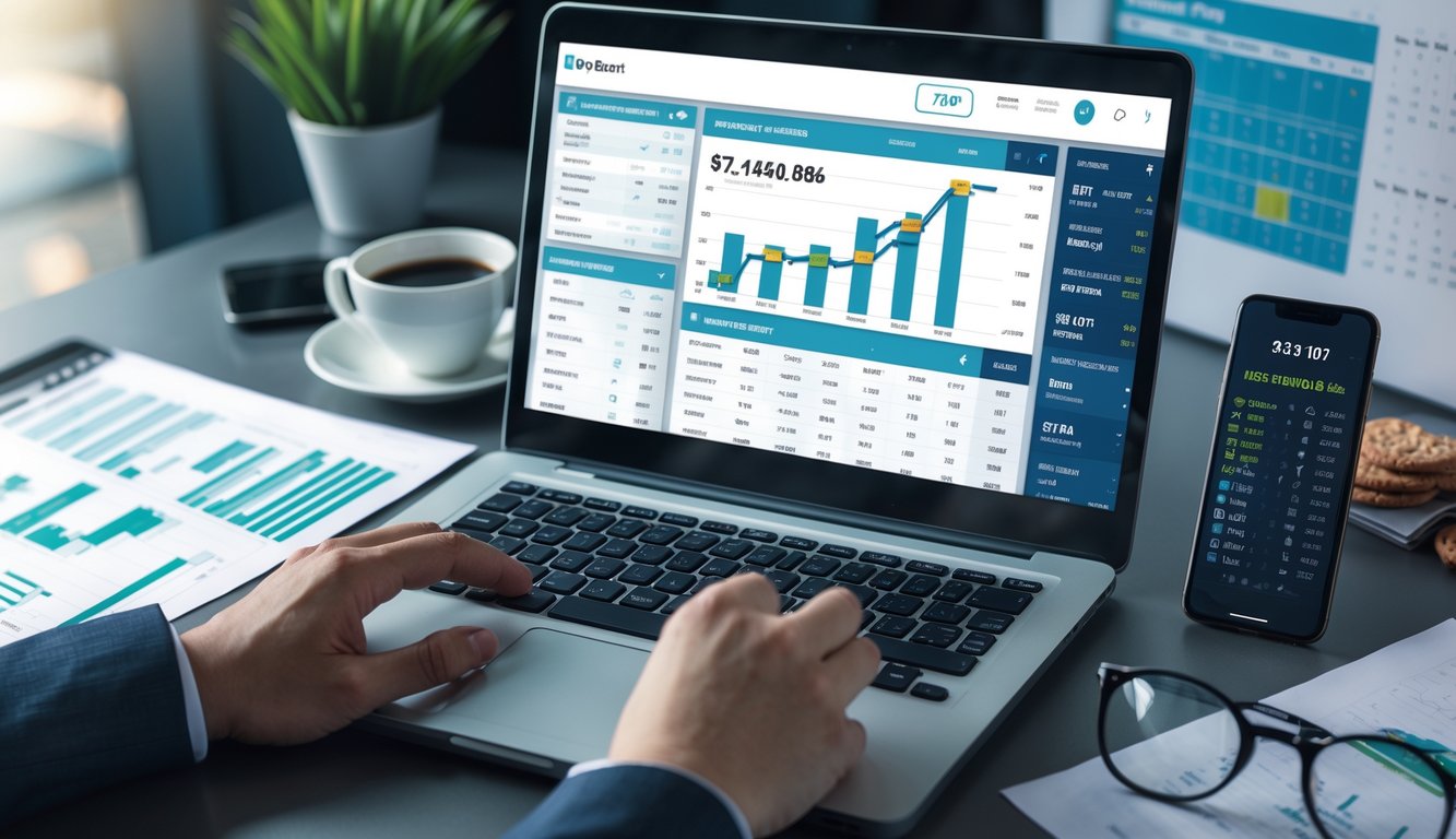 Meja kerja dengan laptop yang menampilkan grafik statistik dan peluang taruhan olahraga, serta ponsel dengan skor pertandingan langsung dan beberapa dokumen di sekitarnya.