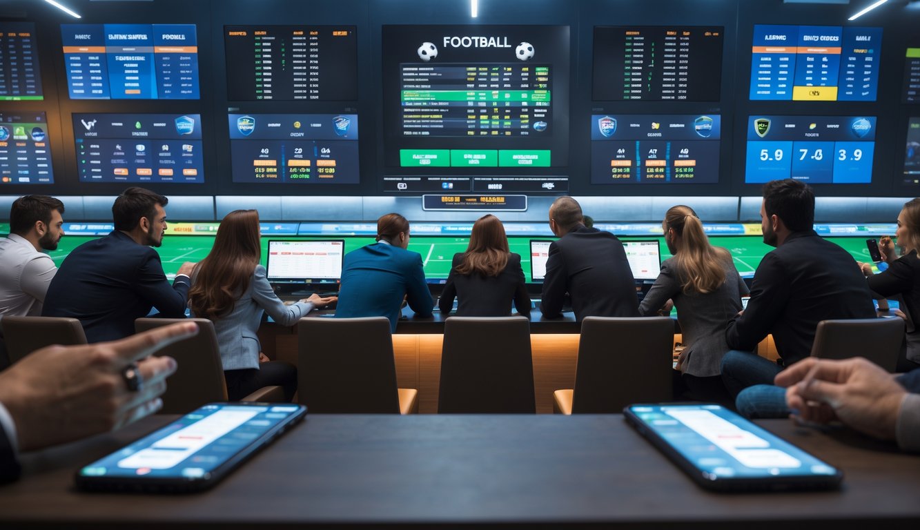 Orang-orang berkumpul di ruang taruhan olahraga dengan layar besar menampilkan informasi taruhan sepak bola.