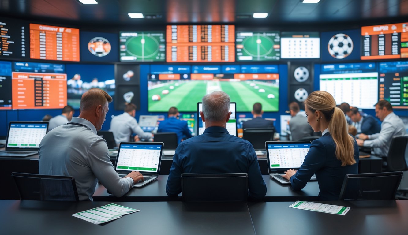 Orang-orang di dalam kantor agen taruhan olahraga resmi sedang menggunakan perangkat elektronik untuk memasang taruhan dengan layar besar menampilkan pertandingan olahraga.