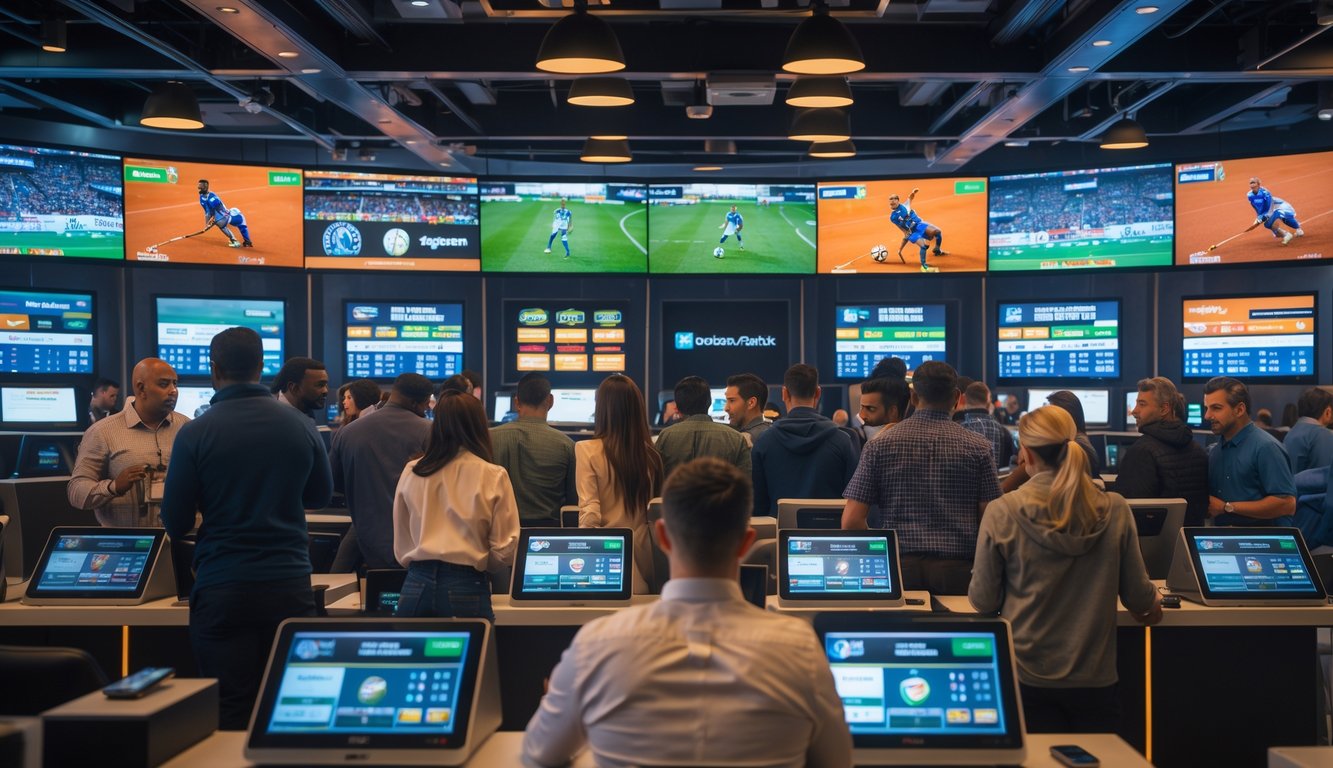 Sekelompok orang sedang memasang taruhan olahraga secara langsung di ruang taruhan modern dengan layar besar menampilkan pertandingan olahraga.