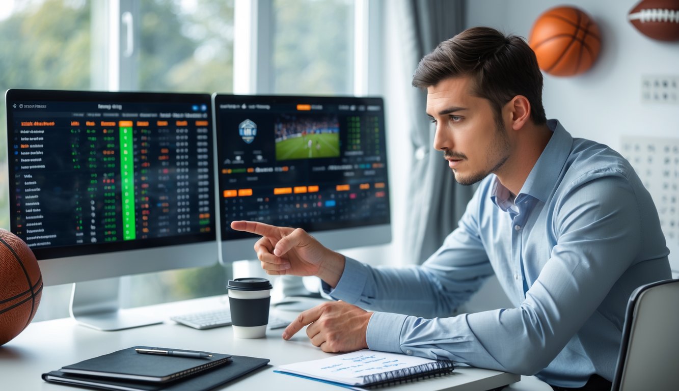 Seorang pria muda sedang menganalisis strategi taruhan olahraga di depan beberapa layar komputer di ruang kerja rumah.