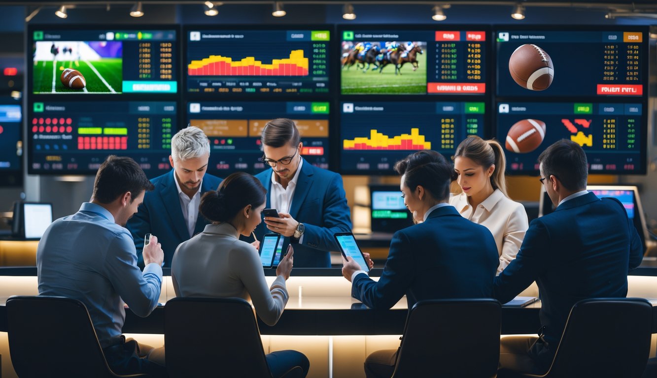 Beberapa orang sedang melihat layar digital yang menampilkan peluang taruhan olahraga tinggi dalam sebuah ruangan modern.