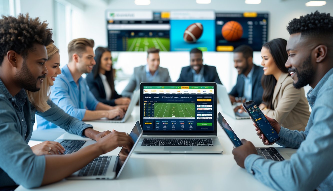 Beberapa orang menggunakan perangkat digital untuk melihat skor dan peluang taruhan olahraga di lingkungan kantor yang terang dan bersih.