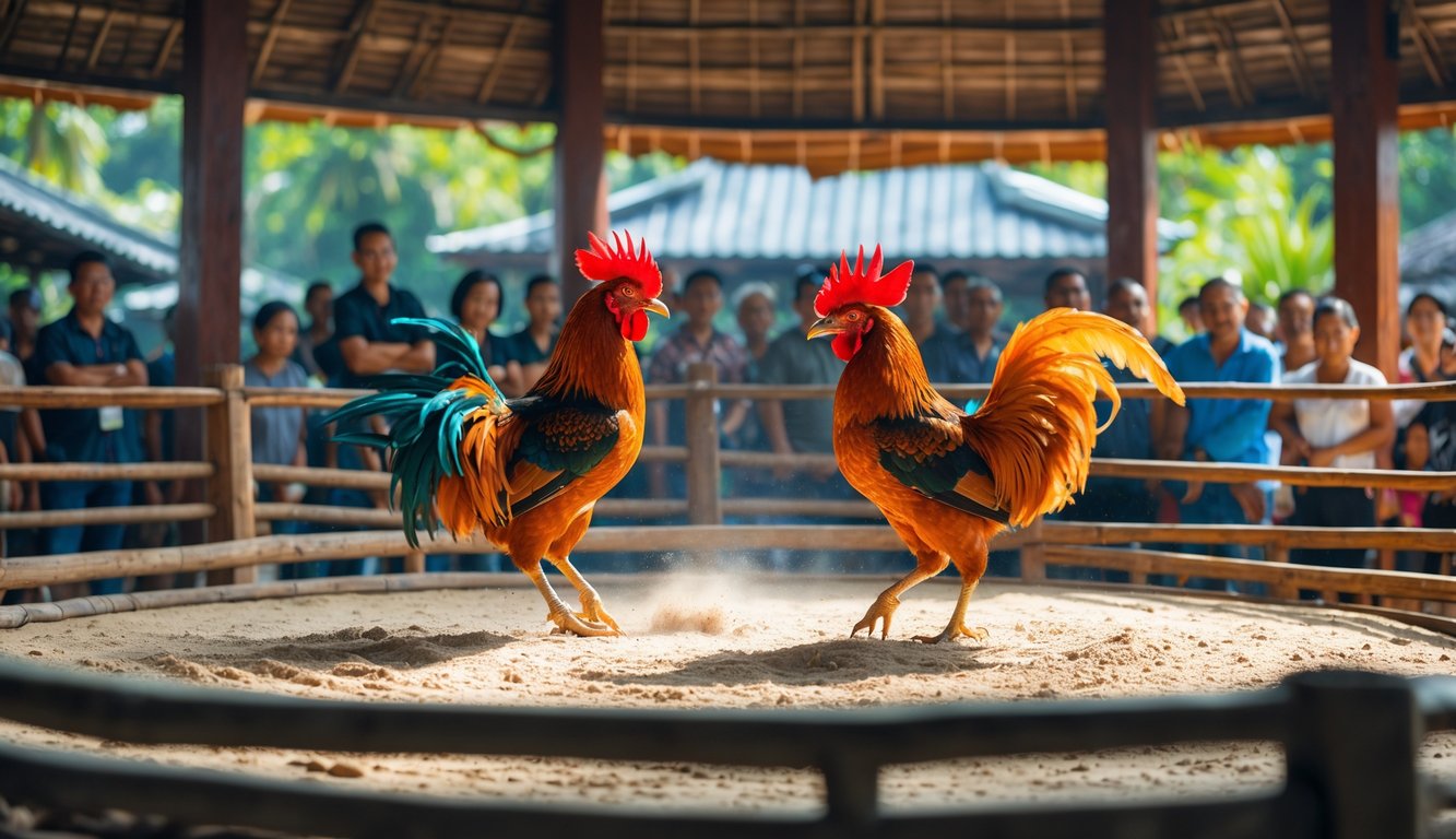 Dua ayam jantan berwarna-warni sedang bertarung di arena dengan penonton yang memperhatikan di sekitarnya.
