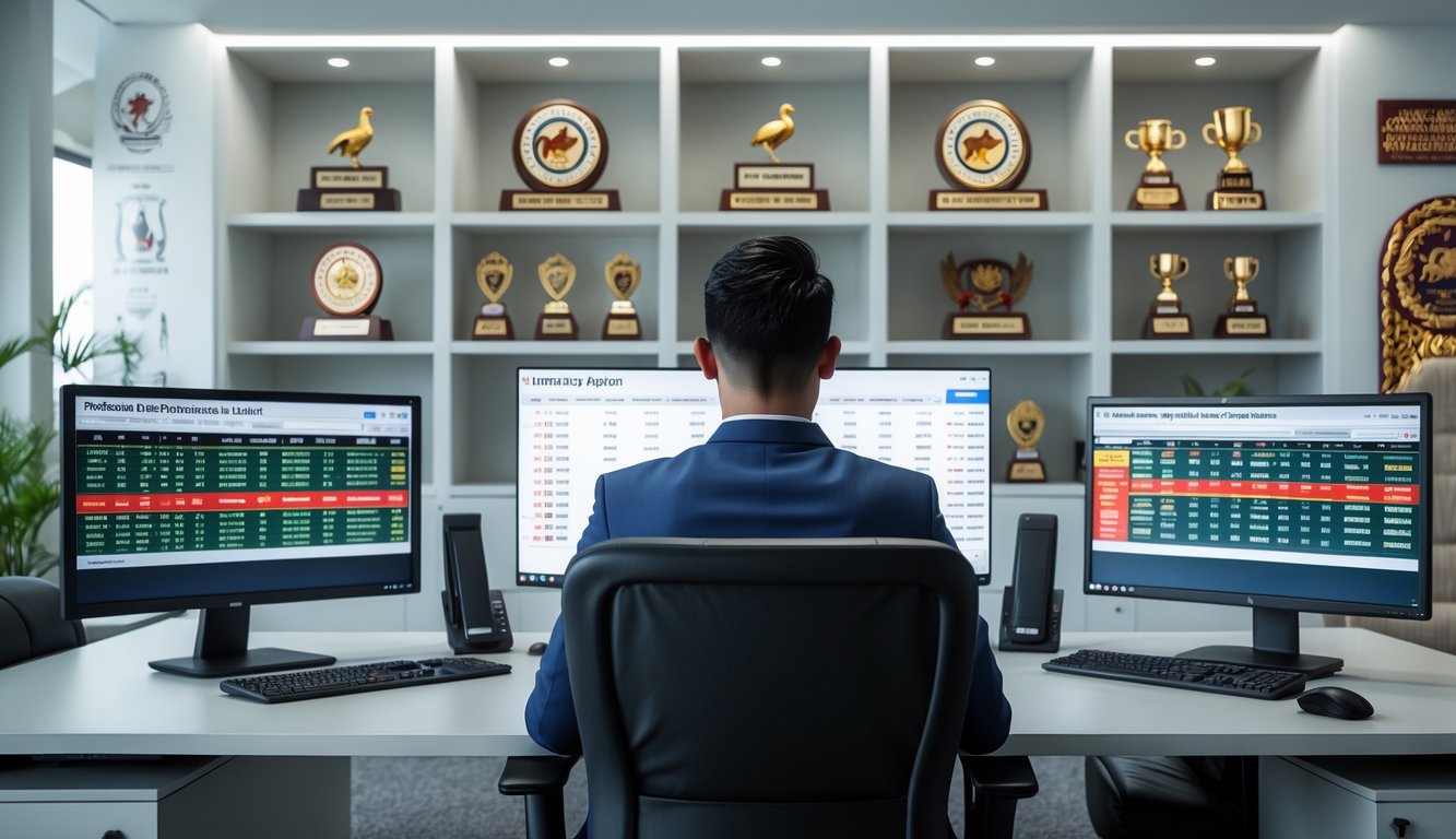 Seorang pria duduk di meja kantor dengan beberapa monitor komputer yang menampilkan jadwal dan peluang sabung ayam, di ruangan yang rapi dengan piala dan dekorasi tradisional.