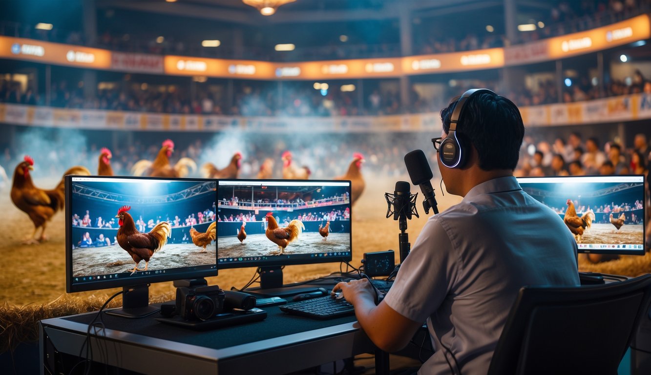 Seorang streamer sedang menyiarkan langsung pertandingan sabung ayam dengan latar belakang arena dan penonton.