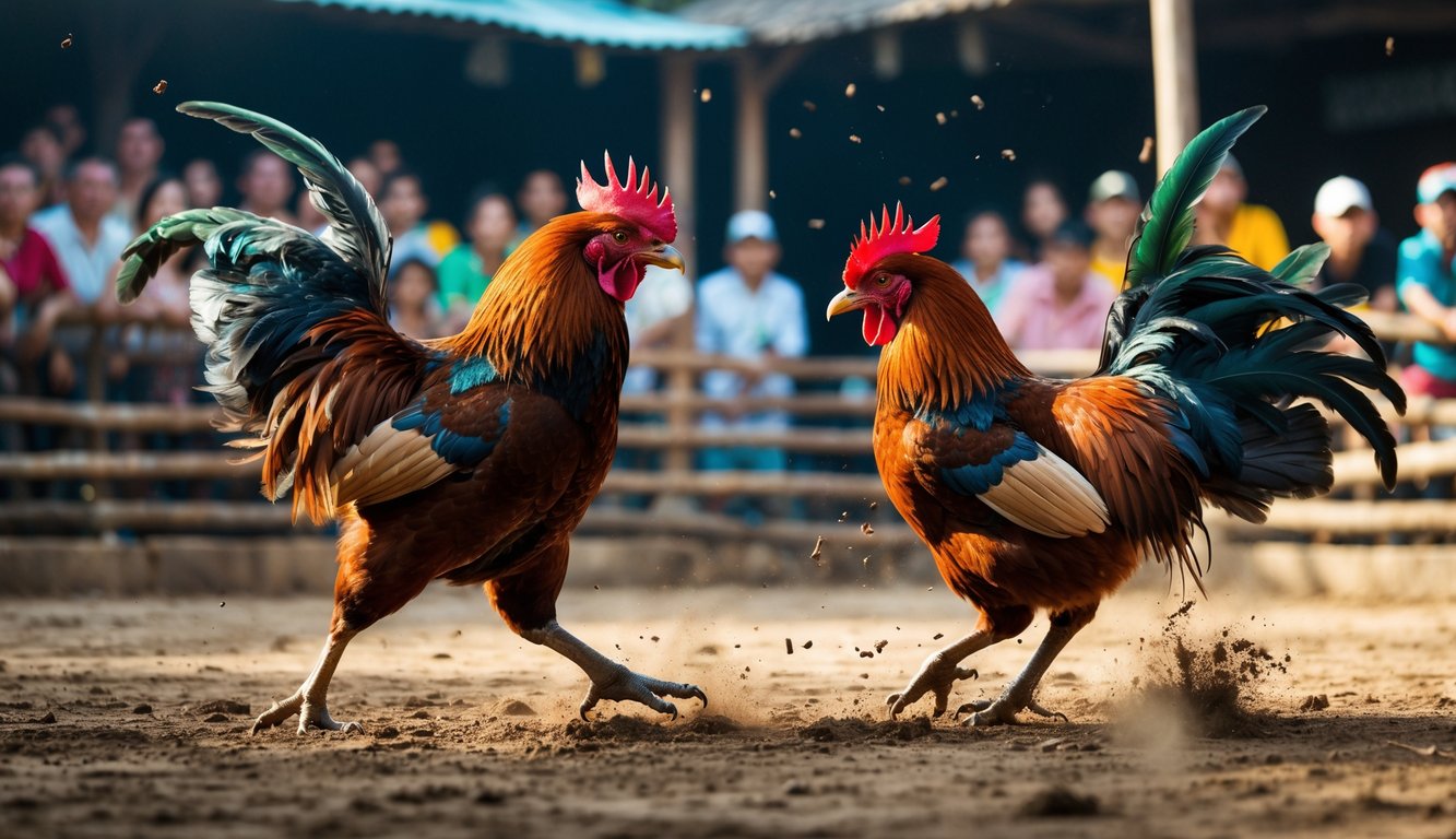 Dua ayam aduan sedang bertarung di arena terbuka dengan penonton di latar belakang.