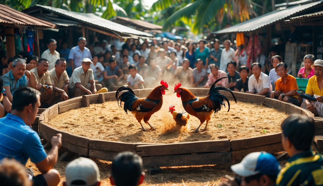 Kerumunan orang menonton pertandingan sabung ayam tradisional di arena terbuka dengan latar belakang tanaman tropis dan kios pasar.