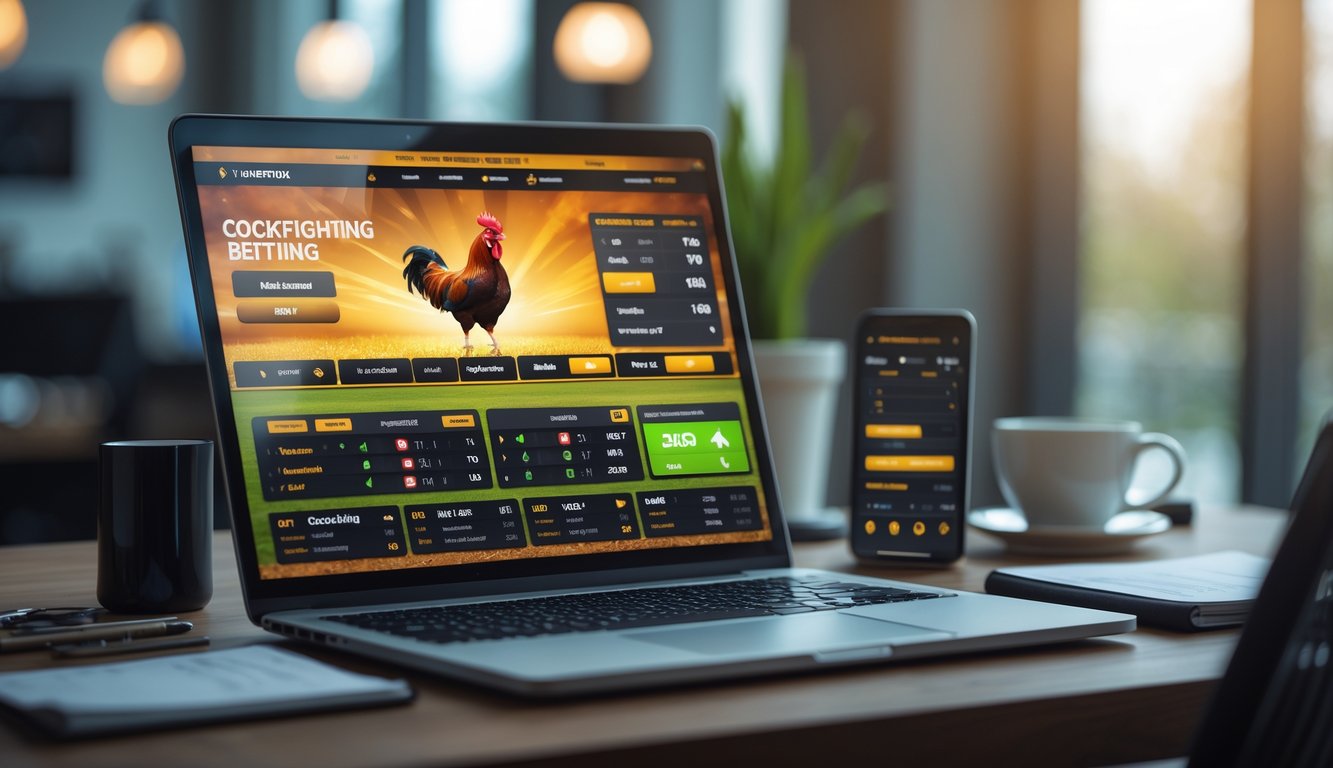 Seorang pria menggunakan laptop dengan tampilan situs taruhan sabung ayam online di meja kerja yang rapi.