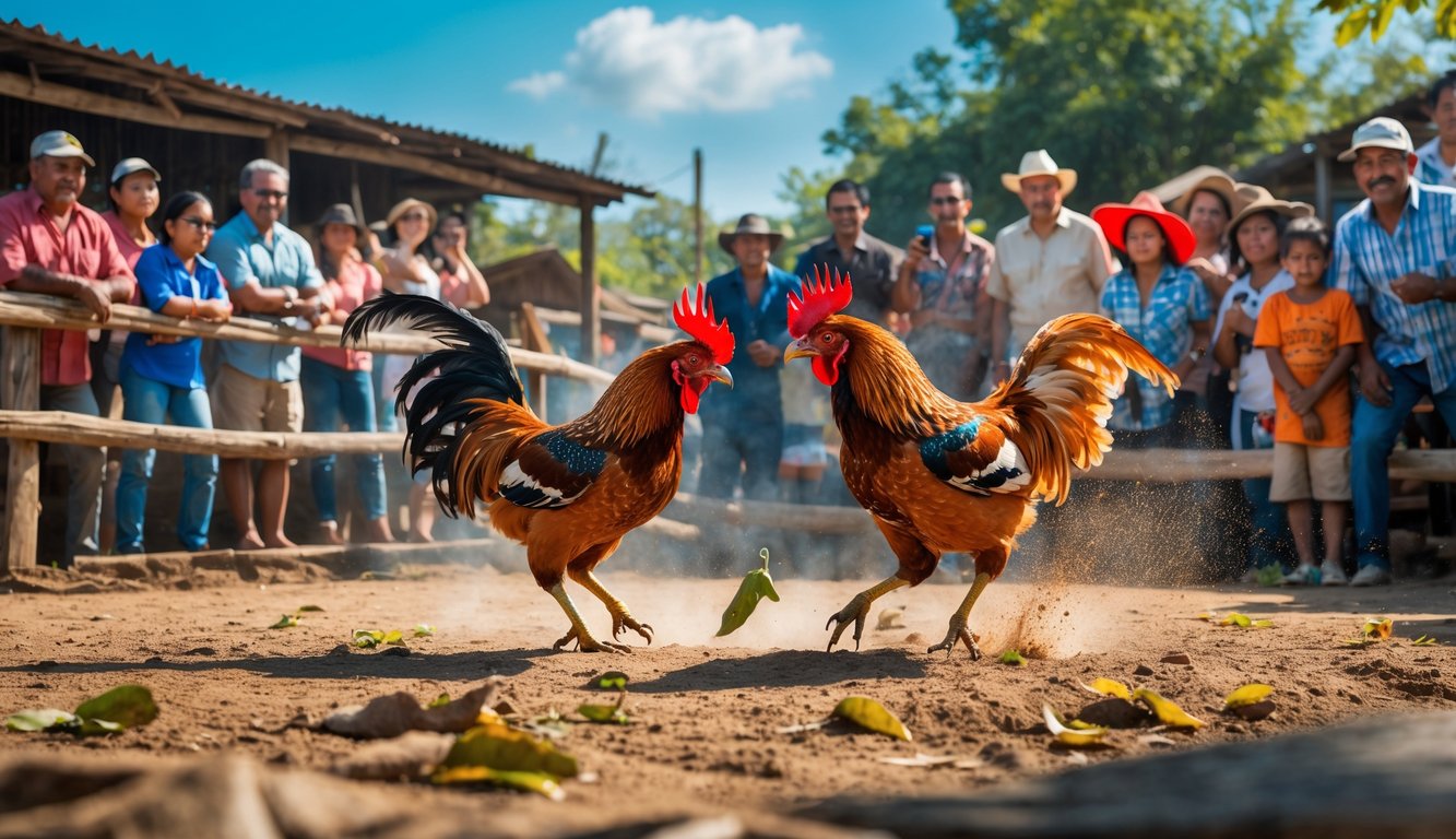 Dua ayam jantan sedang bertarung di arena terbuka dengan penonton yang memperhatikan di sekelilingnya.