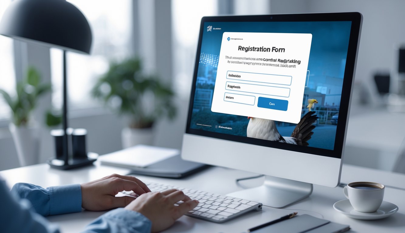 Seseorang sedang mengisi formulir pendaftaran akun secara online di depan komputer di sebuah ruang kerja yang rapi.