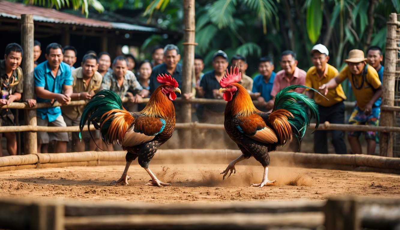 Dua ayam jantan sedang bertarung di arena tanah dikelilingi oleh penonton yang antusias di area pedesaan.