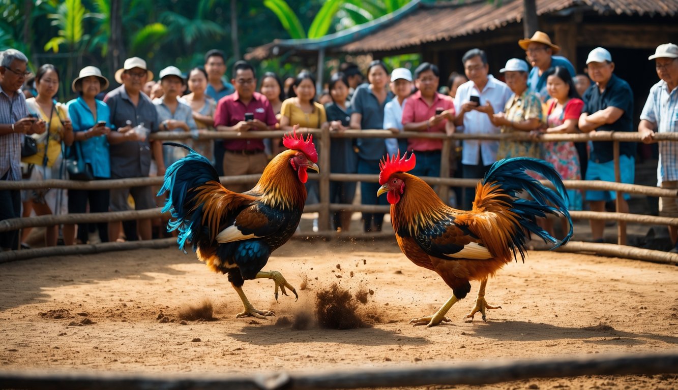 Dua ayam jago sedang bertarung di arena terbuka dengan penonton yang memperhatikan di sekeliling.