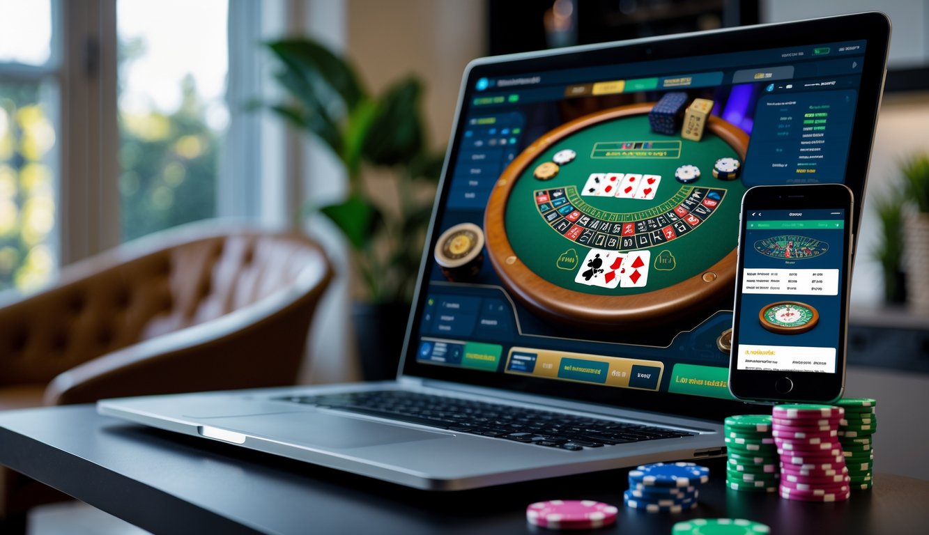 Seseorang bermain blackjack online menggunakan laptop dan ponsel di ruang tamu yang nyaman.