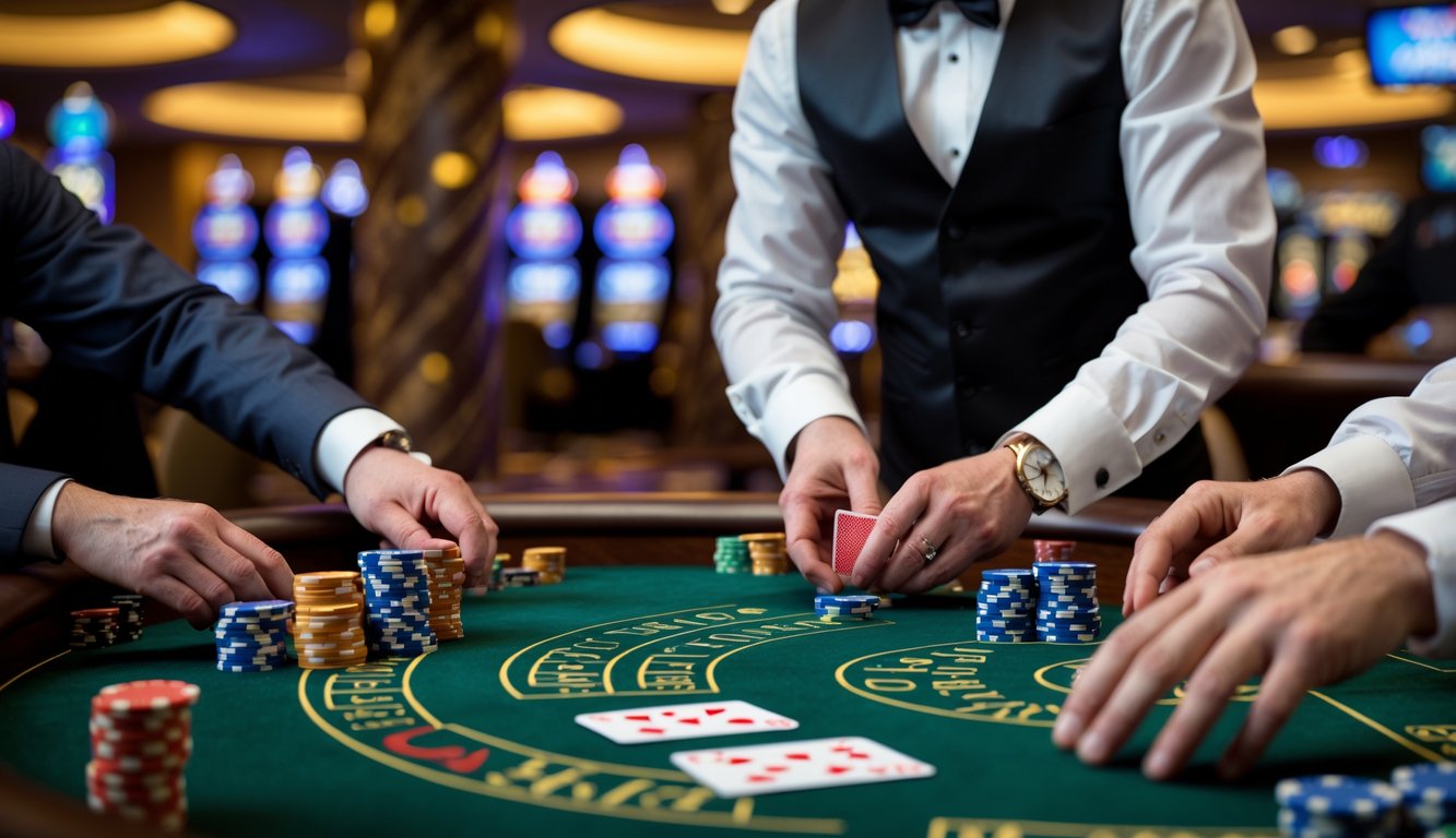 Meja blackjack di kasino dengan dealer dan pemain yang sedang bermain kartu.