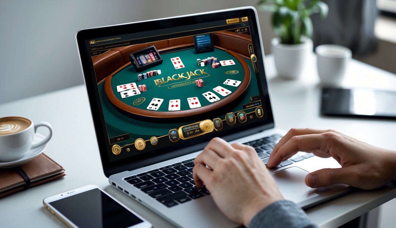 Seseorang bermain blackjack online menggunakan laptop di meja kerja yang rapi dengan cangkir kopi dan ponsel di samping.