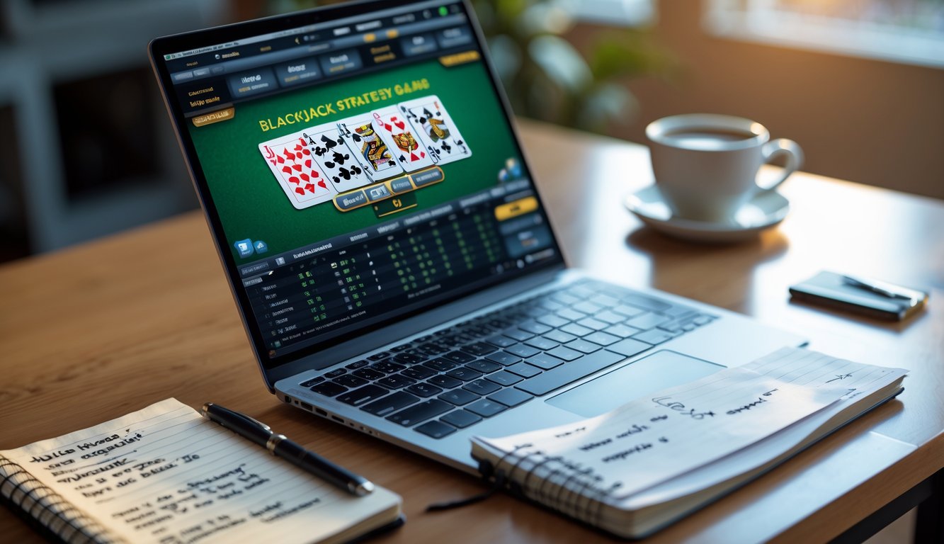 Seorang pria sedang bermain blackjack online di laptop dengan catatan strategi di sebelahnya di atas meja kayu.