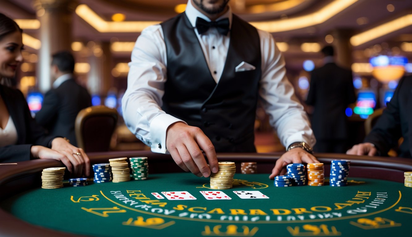 Meja blackjack kasino langsung dengan dealer yang sedang membagikan kartu kepada pemain di sekeliling meja hijau.