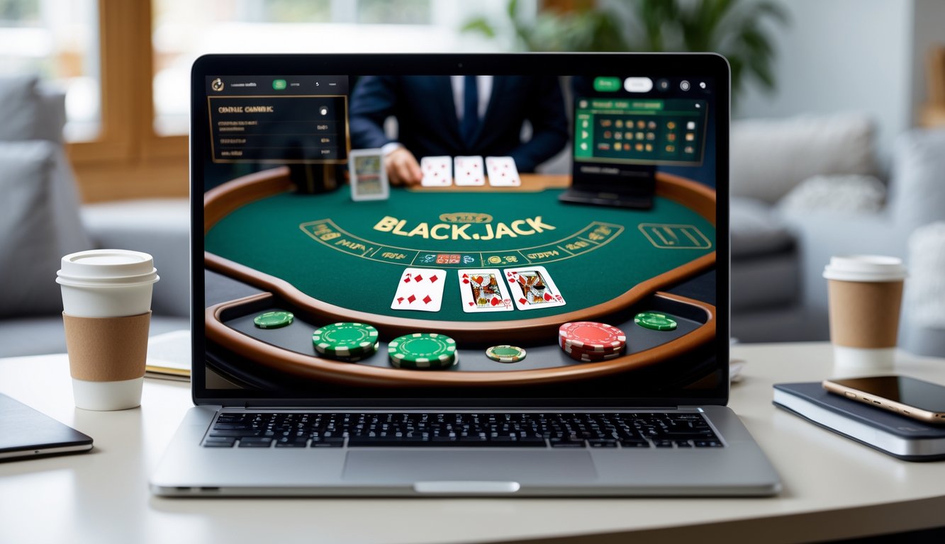 Seorang pria menggunakan laptop untuk bermain permainan blackjack online di ruang tamu yang terang dan rapi.