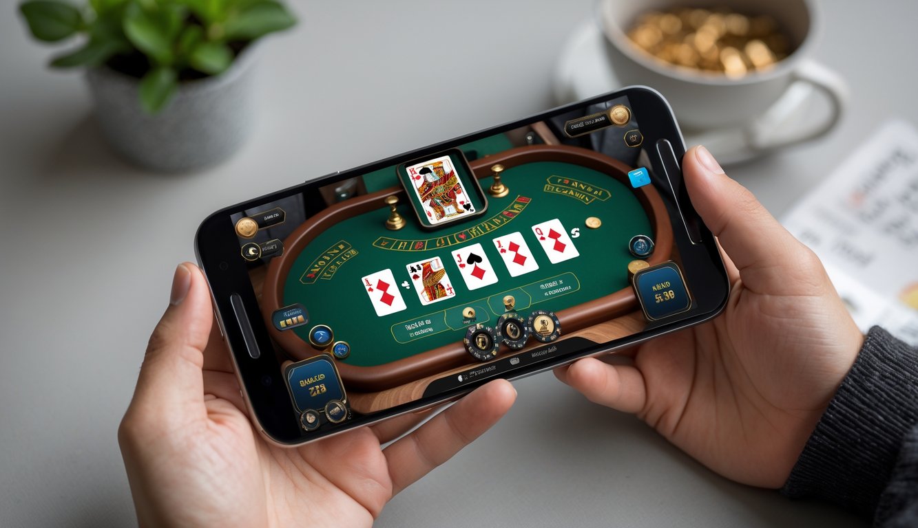 Seseorang memegang ponsel Android yang menampilkan permainan blackjack online di layar.