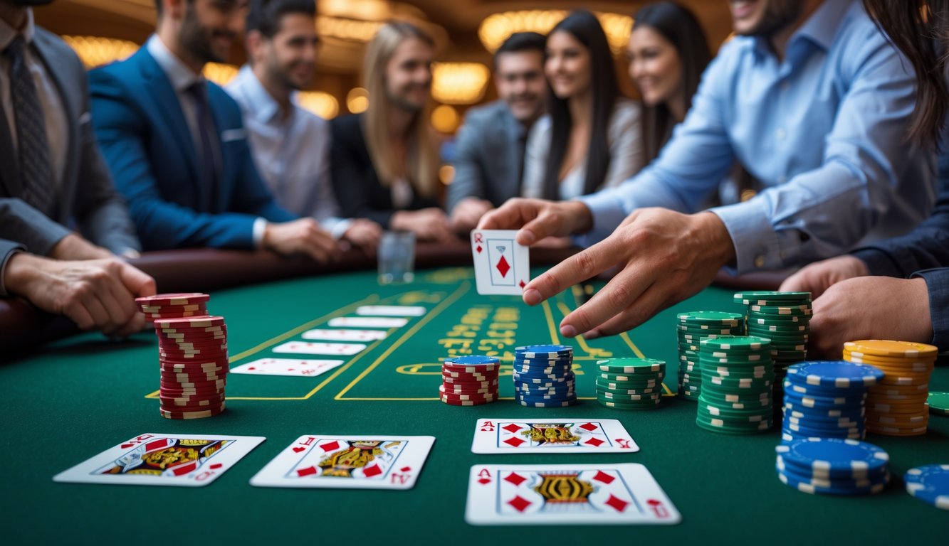 Meja blackjack dengan kartu dan chip, dealer sedang mengajari beberapa pemula bermain blackjack.