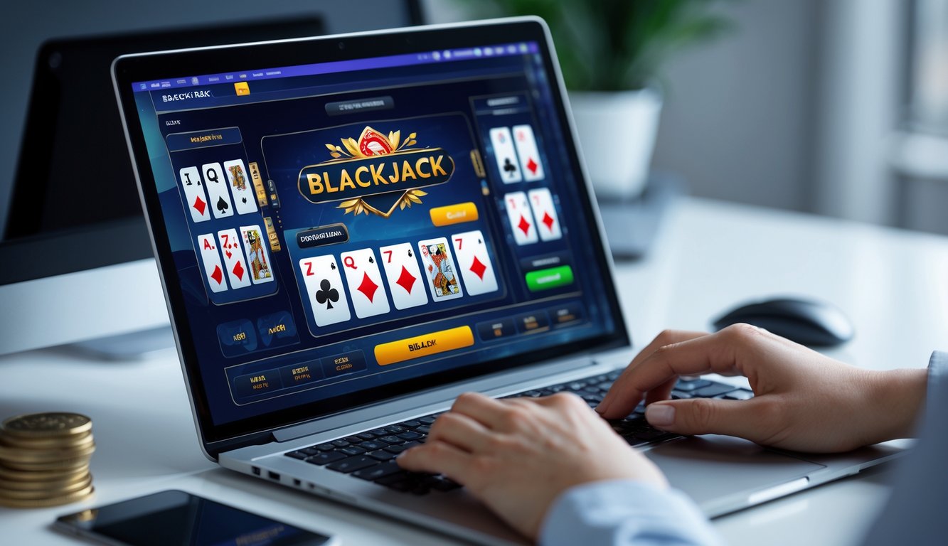 Seseorang sedang bermain blackjack online menggunakan laptop di meja yang rapi.