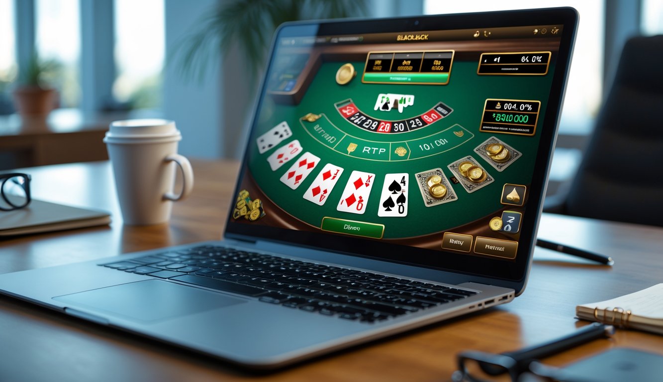 Layar laptop menampilkan permainan blackjack online dengan meja kartu dan chip di atas meja kayu dalam ruangan kantor yang terang.