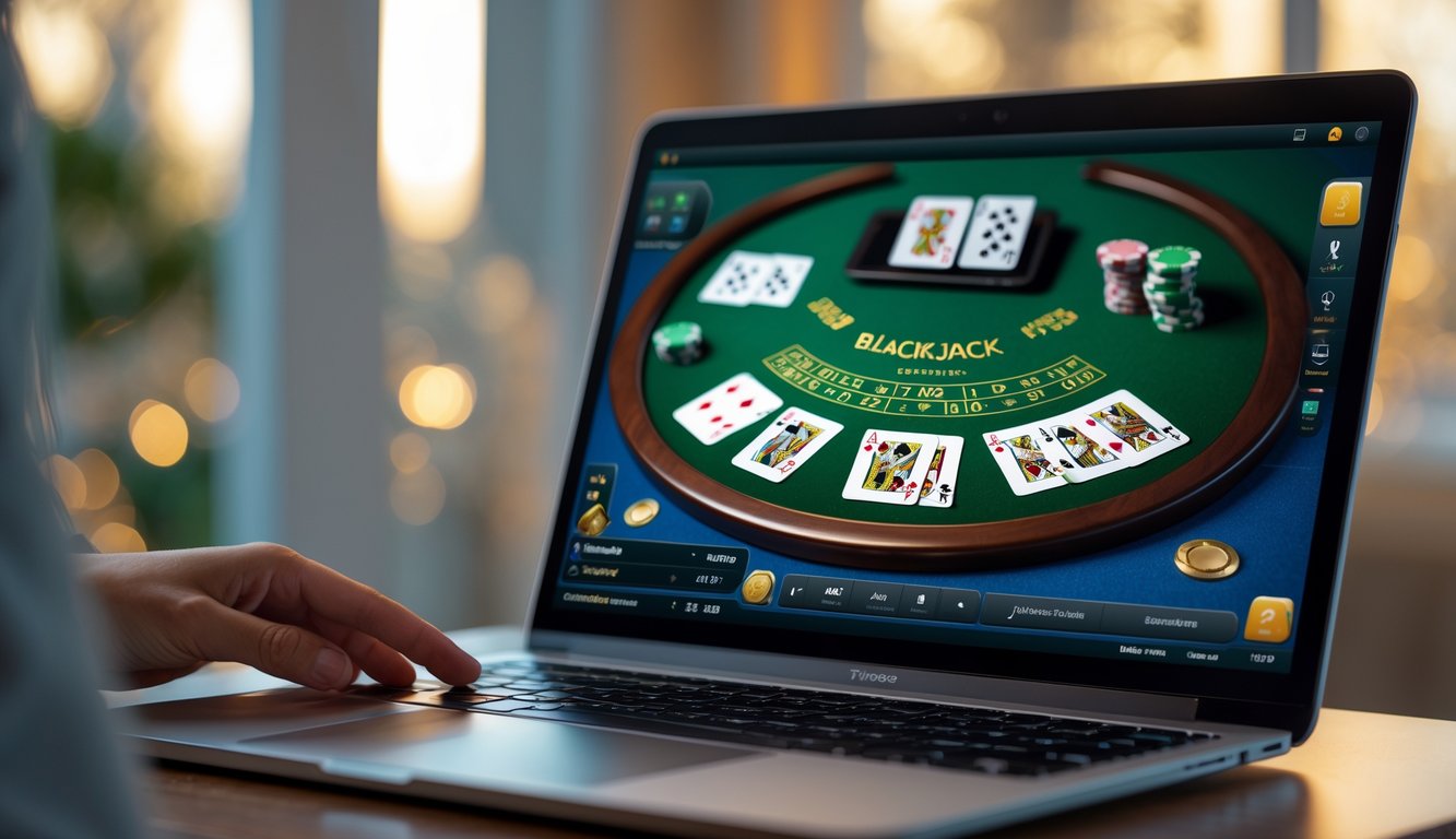 Sebuah komputer menampilkan permainan blackjack online dengan kartu dan tumpukan chip di layar.