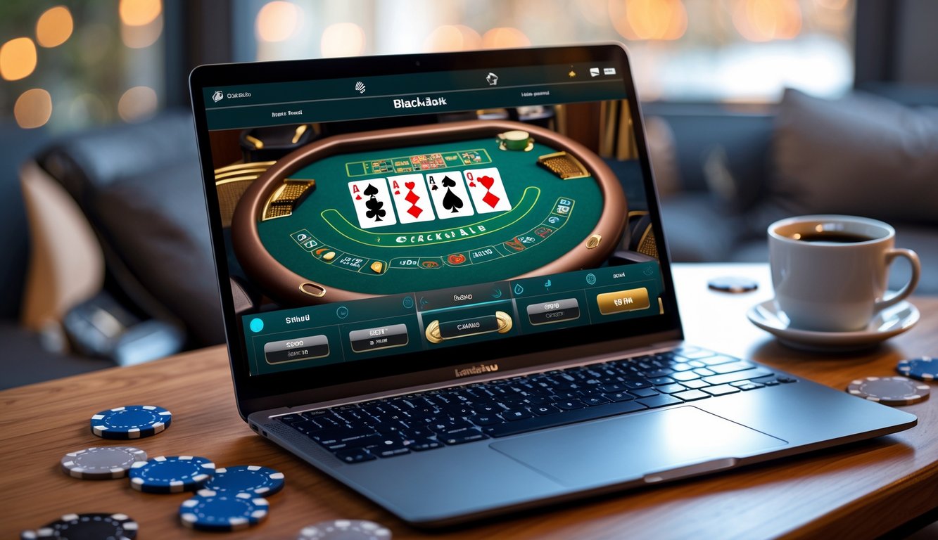 Sebuah laptop di atas meja kayu menampilkan permainan blackjack online dengan kartu dan chip poker, dikelilingi oleh smartphone dan cangkir kopi.