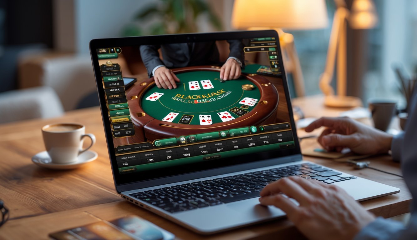 Seseorang sedang bermain blackjack online menggunakan laptop di meja kerja dengan suasana ruangan yang nyaman.