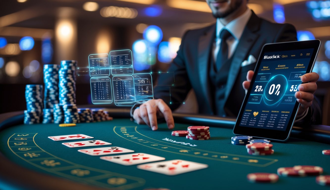 Seorang pemain duduk di meja blackjack dengan kartu dan chip kasino, fokus pada permainan blackjack online.