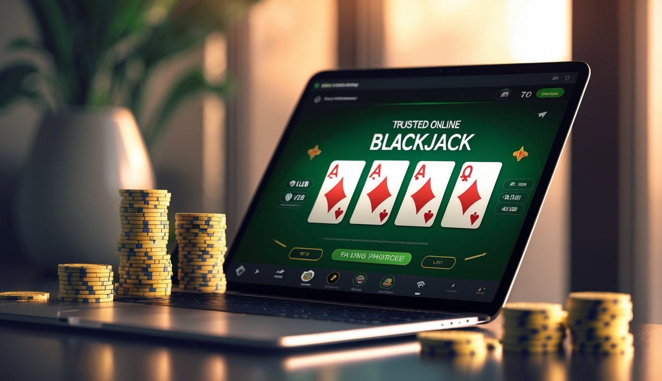 Sebuah perangkat digital menampilkan permainan blackjack dengan kartu dan chip di meja, menggambarkan suasana permainan blackjack online yang terpercaya.