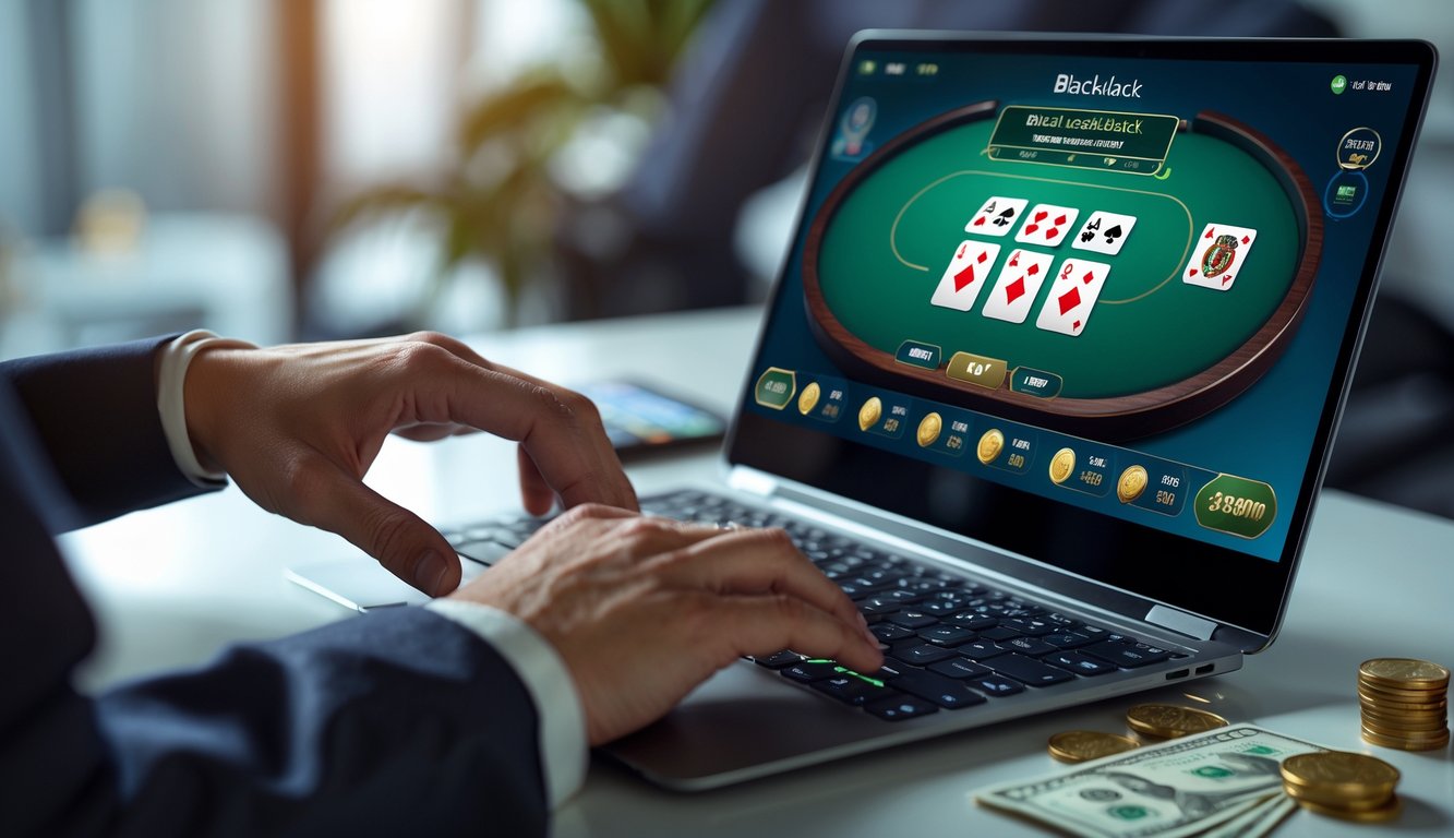 Seseorang bermain blackjack online menggunakan komputer di meja kerja dengan kartu dan chip taruhan.