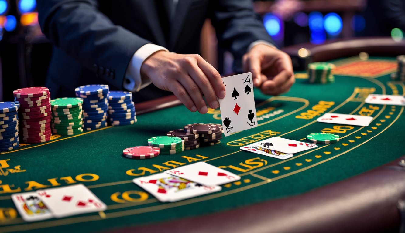 Meja blackjack kasino dengan kartu dan tumpukan chip poker, dealer sedang membagikan kartu.