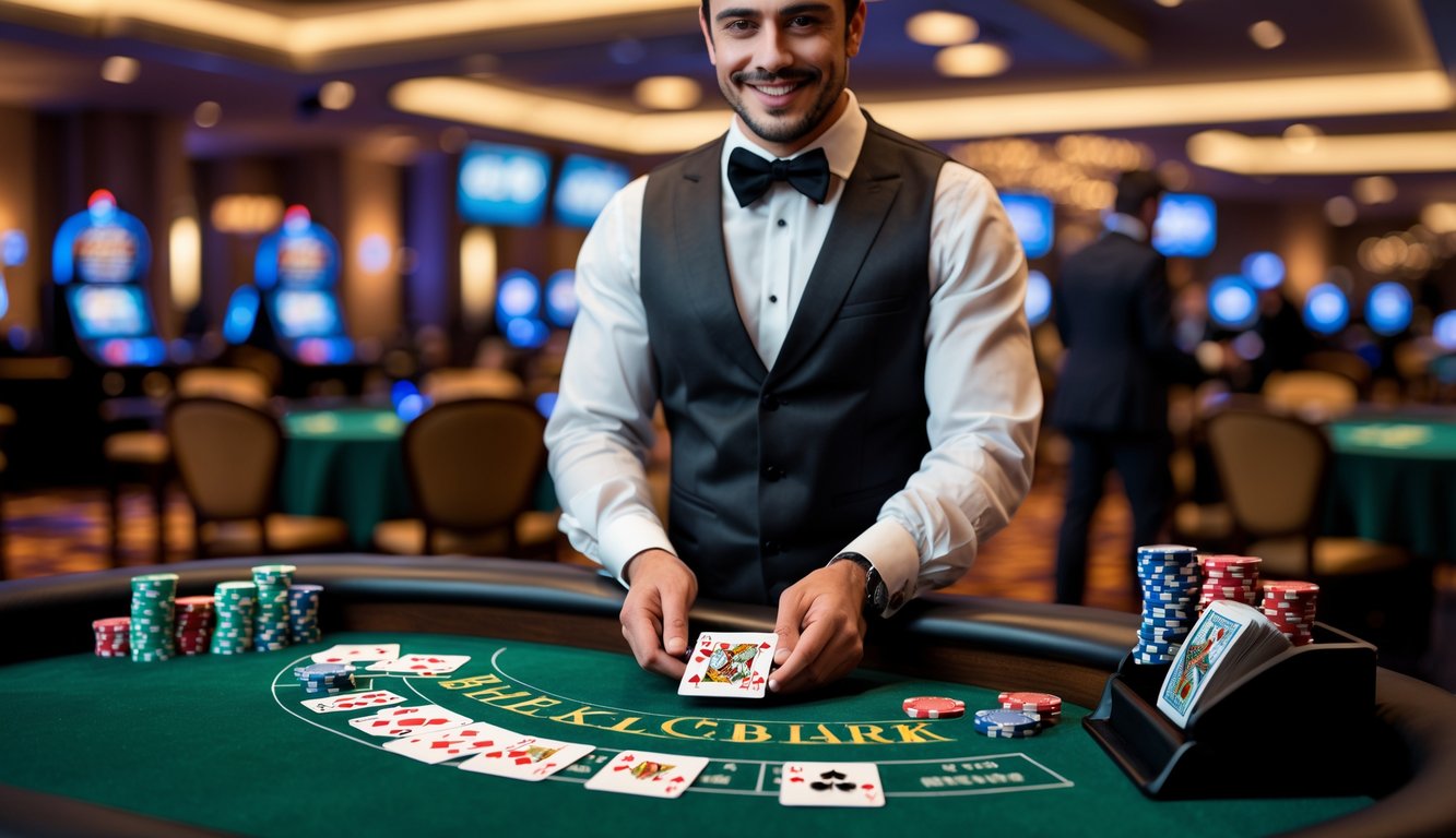 Seorang dealer blackjack berdiri di belakang meja hijau dengan kartu dan chip di kasino.